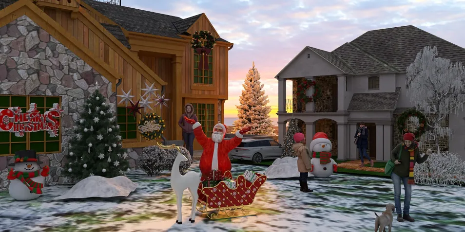 Santa Claus celebrating Christmas in a festive outdoor winter scene with decorations, snowmen, and a cozy house design, showcasing a cheerful holiday spirit in an exterior landscape.