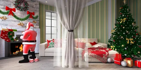 Christmas-themed living room featuring Santa Claus decorating the space with a Christmas tree, festive decorations, and cozy furniture; showcasing interior decor with a holiday ambiance using Homestyler's real-time 3D rendering feature.