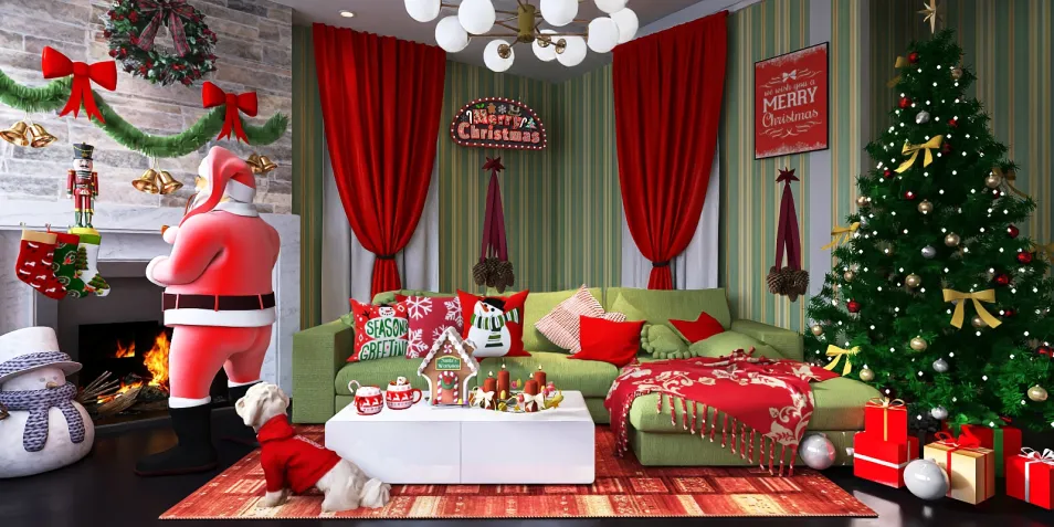 festively decorated living room featuring a Christmas tree and Santa Claus statue preparing for the holiday season in a cozy space; utilizing Homestyler's real-time 3D rendering for a stunning visual preview.