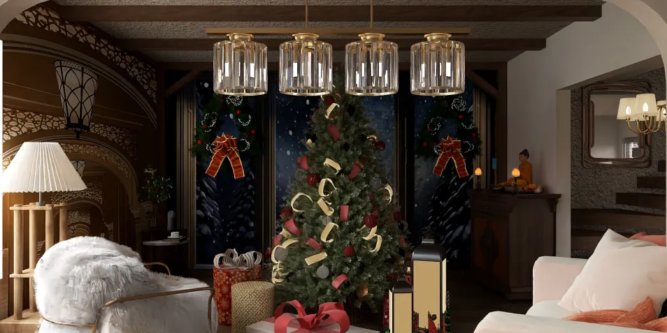 Christmas tree adorned with decorations and gifts in a cozy living room space, featuring a warm rustic design, showcasing interior decor optimization through Homestyler's real-time 3D rendering function.