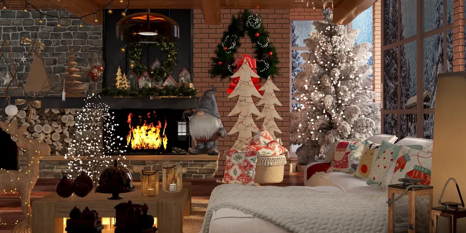 Cozy Christmas living room with festive decorations including a tree and lights, featuring a warm fireplace, designed using Homestyler's real-time 3D rendering for a holiday interior decor.