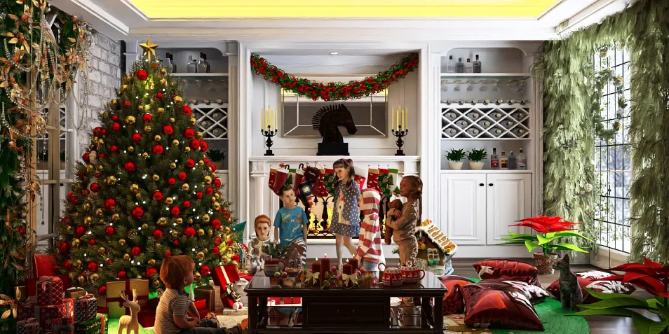festively decorated living room with Christmas tree and children unwrapping gifts in a traditional style, showcasing holiday spirit and family togetherness through interior design, utilizing Homestyler's real-time 3D rendering feature.