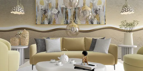 Sala de estar con los tonos del amarillo pastel y blanco 