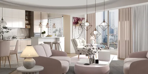 Apartamento concepto abierto en tonos rosa cálido 