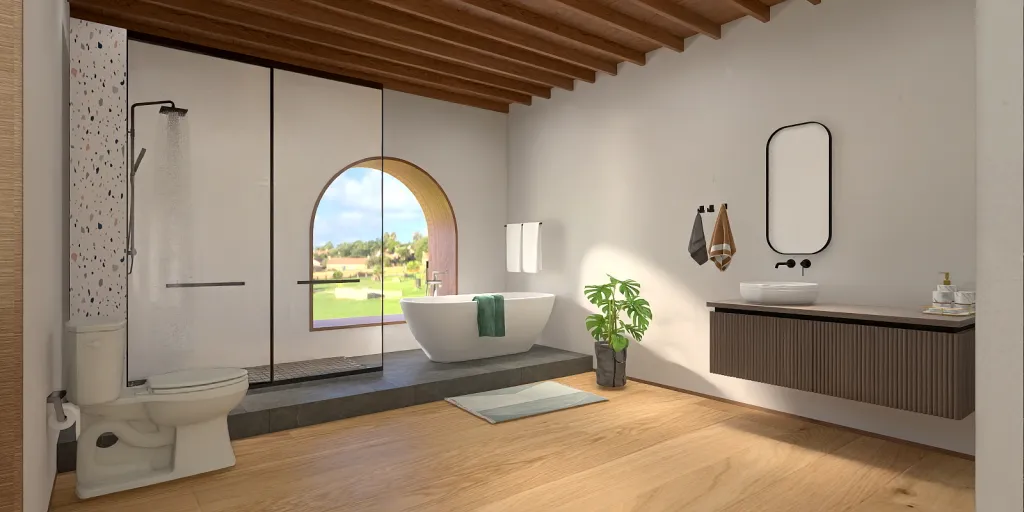 a bathroom with a large window and a large tub 