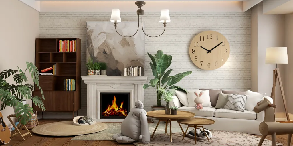 a living room with a fireplace, a couch, and a clock 