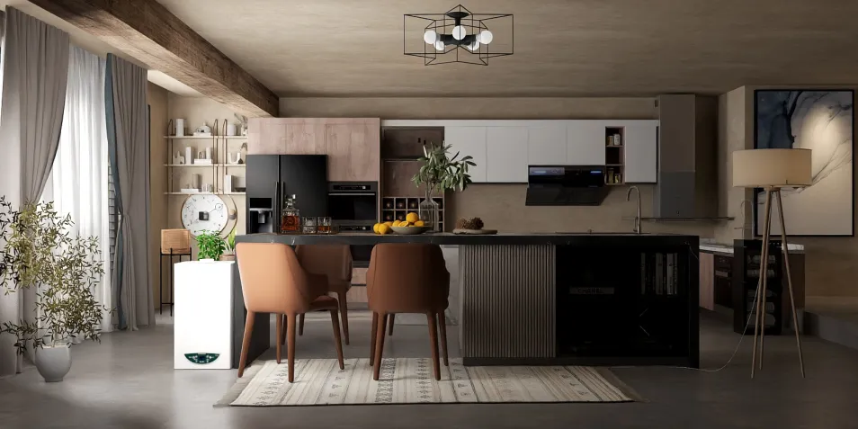 modern kitchen design featuring a central island with seating, showcasing a minimalist style and a cozy atmosphere, utilizing Homestyler's real-time 3D rendering feature for interior decor optimization.