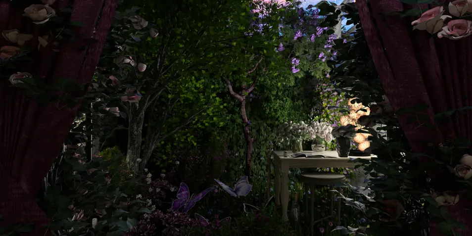 lush garden scenery featuring a dining table surrounded by vibrant flowers and greenery, creating a serene outdoor dining experience in a rustic style, utilizing Homestyler's real-time 3D rendering for an immersive design preview.