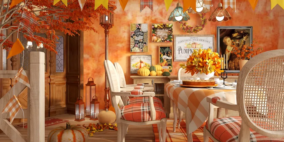 cozy dining room with autumn decorations showcasing a seasonal table setup in a rustic style using homestyler's 3D rendering feature.