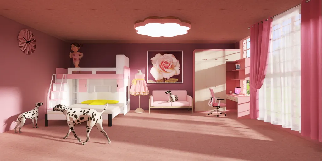 a small room with a pink and white doll and a pink and white doll 