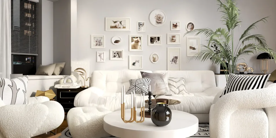modern living room design featuring a comfortable sofa arrangement and decorative wall art in a chic monochrome style; showcasing interior decor optimizations with Homestyler's real-time 3D rendering feature.