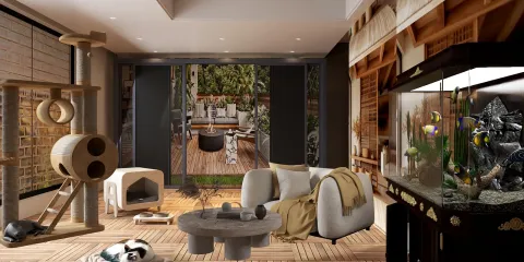living room with a modern sofa and decorative elements, showcasing an indoor garden design style, highlighting the interior decor with Homestyler's real-time 3D rendering feature.