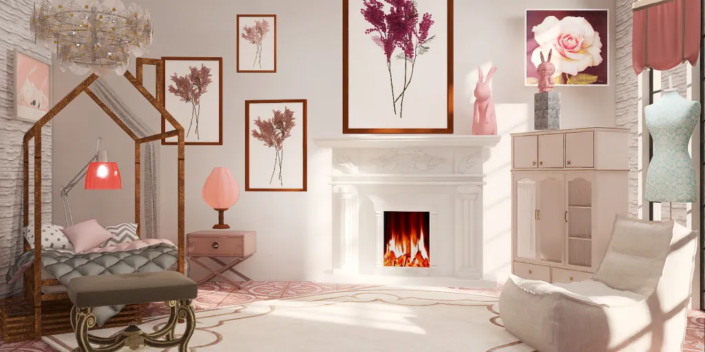 a living room with a fireplace, a painting, and a painting of a cat 