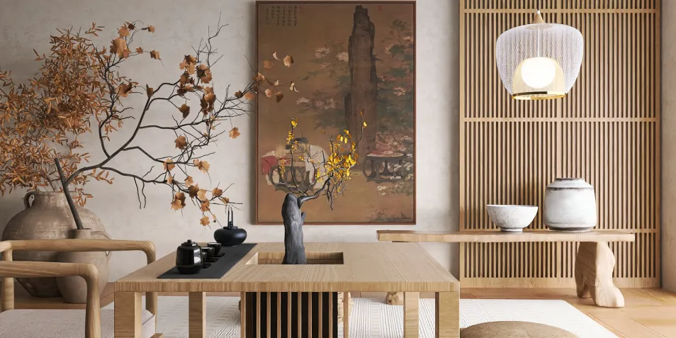 A minimalist wooden dining table decorated with a vase and branches, showcasing an elegant Japanese-inspired interior design, enhancing space efficiency using Homestyler's AR virtual furniture placement feature.