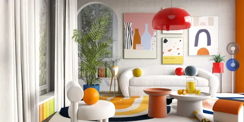 colorful living room with playful furniture arrangement using Homestyler's smart furniture layout feature, modern style enhancing cozy atmosphere