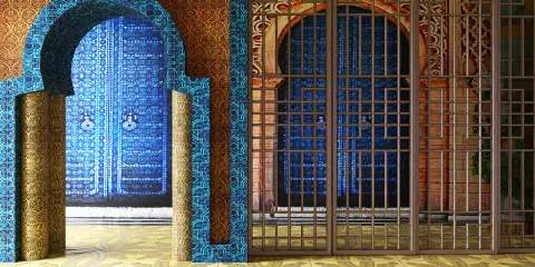ornate archway showcasing intricate patterns and vibrant colors featuring a blue background, enhancing the Moroccan-style decor in an entryway, utilizing Homestyler's 3D rendering for visual design preview.