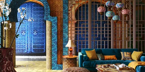colorful living room interior featuring ornate arches and decorative wall panels, showcasing a bohemian style with a vibrant color palette, highlighting Homestyler's real-time 3D rendering for design proposal presentations.