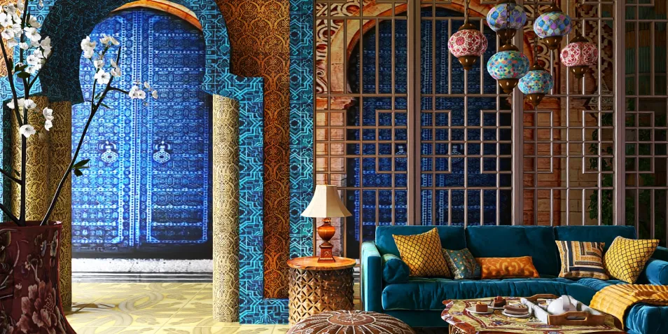 colorful living room interior featuring ornate arches and decorative wall panels, showcasing a bohemian style with a vibrant color palette, highlighting Homestyler's real-time 3D rendering for design proposal presentations.