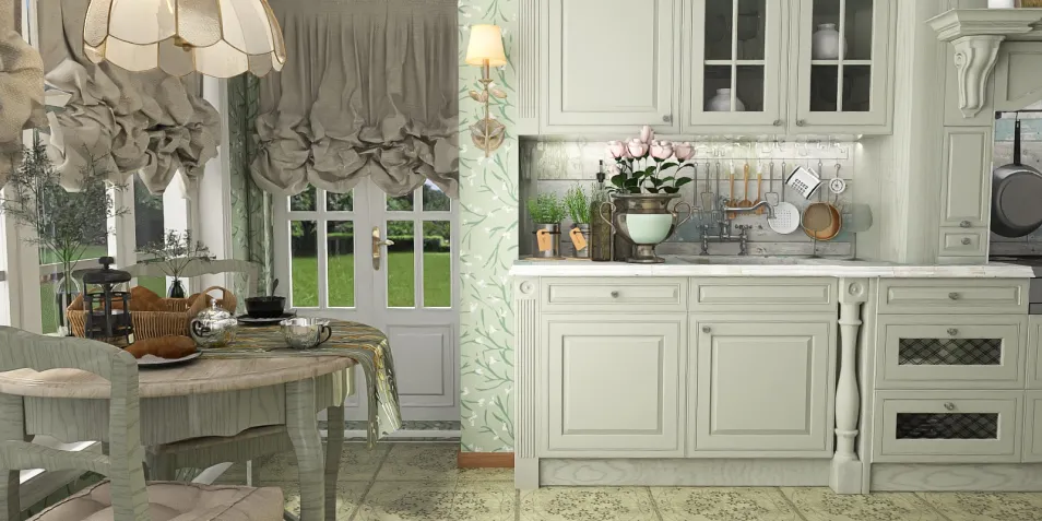 Cozy kitchen design featuring a vintage style with soft green cabinetry and floral wallpaper, showcasing a warm dining area optimized for comfort, utilizing Homestyler's real-time 3D rendering feature.