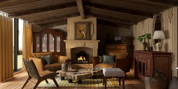 cozy living room with rustic furniture arrangement featuring a fireplace and warm lighting in a traditional style, utilizing Homestyler's real-time 3D rendering for a design proposal.