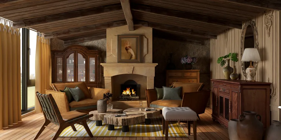 cozy living room with rustic furniture arrangement featuring a fireplace and warm lighting in a traditional style, utilizing Homestyler's real-time 3D rendering for a design proposal.