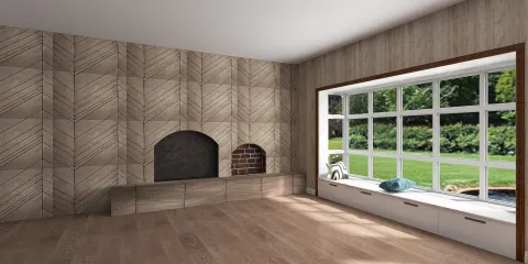 living room with wooden geometric wall design showcasing a cozy fireplace and large window, featuring interior decor that highlights natural light, optimized for space using Homestyler's real-time 3D rendering capability.