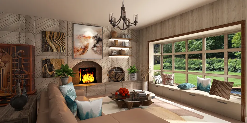 Cozy living room featuring a sectional sofa and fireplace, designed in a modern rustic style, showcasing an immersive 3D design with Homestyler's real-time 3D rendering feature.