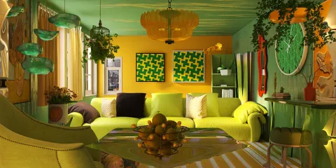 vibrant green living room with unique lighting and decor showcasing an eclectic style and maximizing space value using Homestyler's real-time 3D rendering feature for designing playful interior layouts.