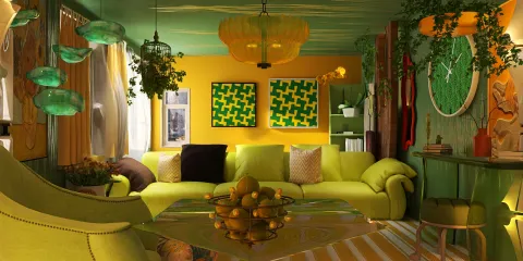 vibrant living room featuring a green and yellow color palette with unique furniture arrangements, designed using interior decor principles, showcasing Homestyler's real-time 3D rendering capabilities.