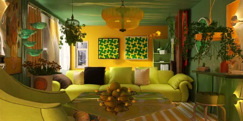 vibrant living room with green and yellow accents showcasing modern interior design techniques and inviting atmosphere, featuring Homestyler's real-time 3D rendering capability for effective design proposals.