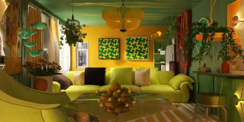 vibrant living room with green sofa and yellow accents showcasing a lively interior design using Homestyler's real-time 3D rendering feature for an enhanced visual preview.