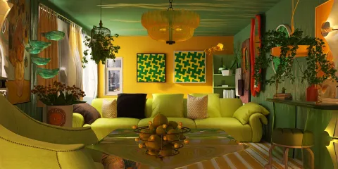 vibrant living room with cozy seating arrangement featuring green sofa and colorful decor showcasing a contemporary design style, enhancing interior decor with Homestyler's real-time 3D rendering feature.