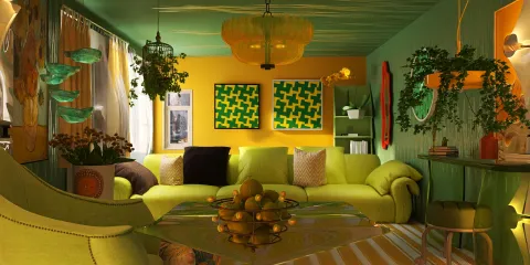 vibrant living room design showcasing bright green furniture and yellow accents, incorporating interior decor elements with a focus on optimized space use through smart furniture arrangement features of Homestyler