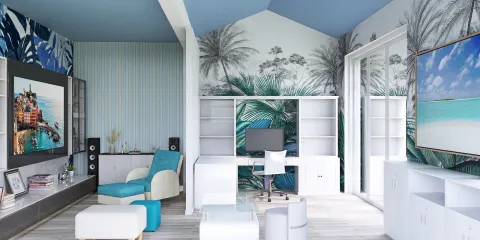 spacious living room featuring tropical-themed wallpaper and modern furniture design, enhancing interior decor with Homestyler's real-time 3D rendering for quick design proposal visualizations.