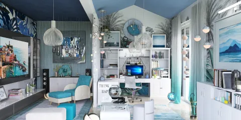 modern home office design featuring functional furniture arrangement in a coastal style, showcasing interior decor optimized for productivity with Homestyler's real-time 3D rendering.