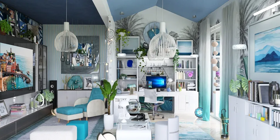 Modern living room featuring a blue and white color scheme, designed with smart furniture arrangement for space optimization, showcasing Homestyler's real-time 3D rendering capability.