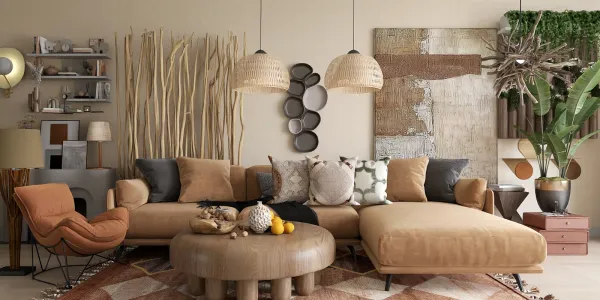 modern living room with a cozy sofa arrangement and stylish decor showcasing a warm color palette and natural materials, featuring Homestyler's real-time 3D rendering for design preview.