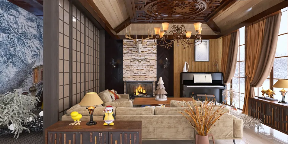 cozy living room featuring a rustic stone fireplace and elegant wood accents, showcasing modern interior design with Homestyler's real-time 3D rendering.