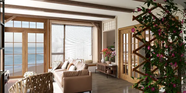 cozy living room featuring modern furniture arrangement in a coastal style with a panoramic view of the ocean, showcasing Homestyler's real-time 3D rendering capability.