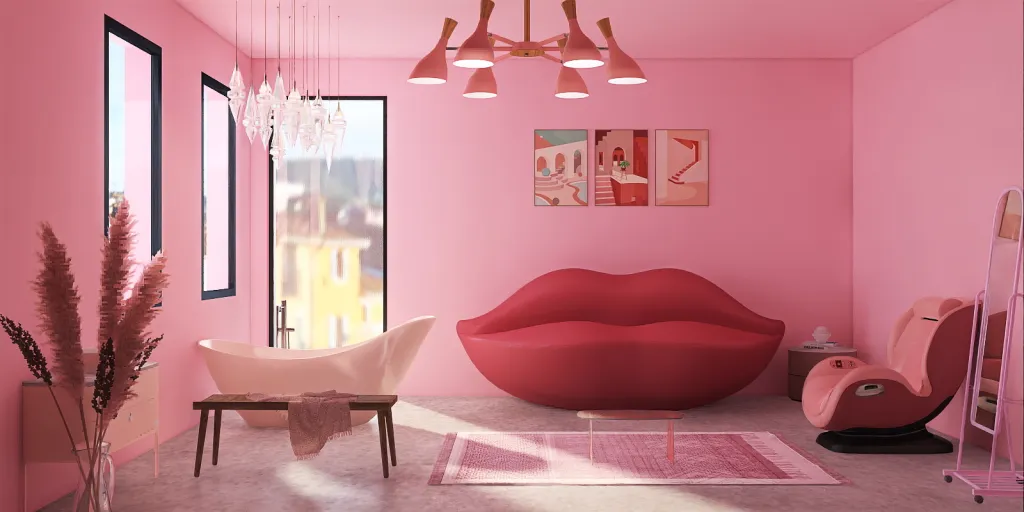 a room with a red couch and a pink wall 