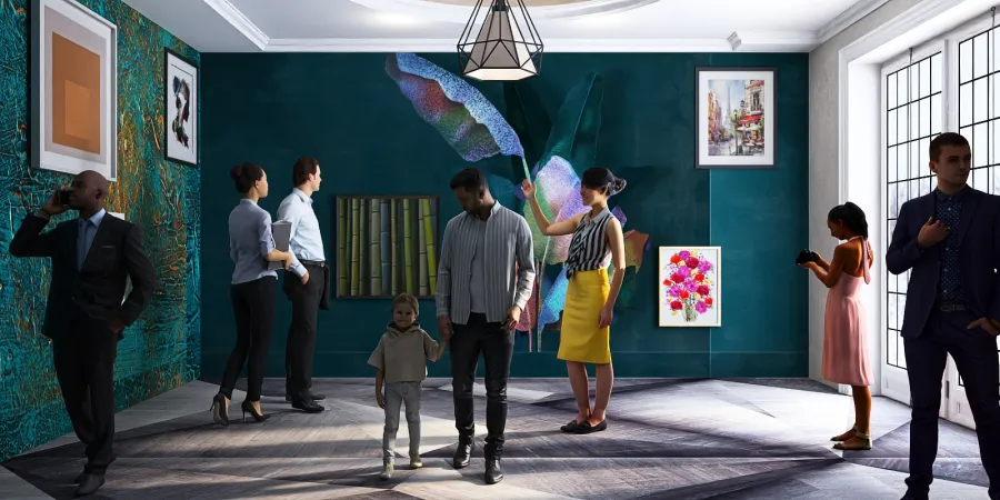 people standing around a room with a kite 