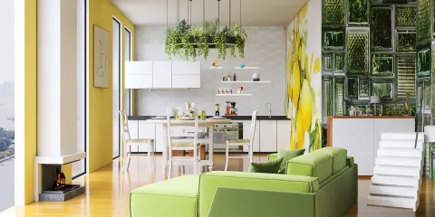 modern living room featuring a green sectional sofa and a dining area with a stylish table, showcasing a bright and airy atmosphere, highlighting an interior design theme, utilizing Homestyler's real-time 3D rendering feature.