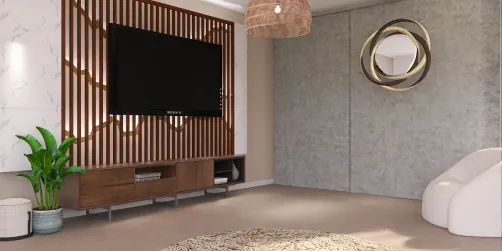 Wooden media unit design with statement wabi light