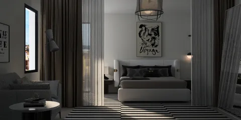 modern bedroom design featuring a stylish bed and elegant furniture arrangement in a contemporary style, showcasing the real-time 3D rendering function of Homestyler for effective space visualization.