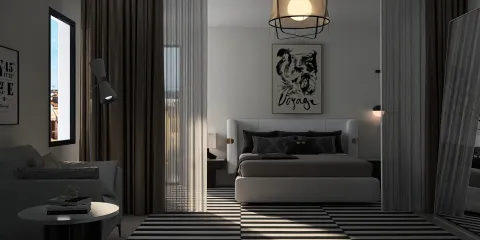 modern bedroom design featuring a sleek bed arrangement with monochrome decor, utilizing Homestyler's real-time 3D rendering for an immersive interior layout experience.