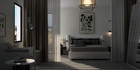 modern bedroom interior design featuring a stylish bed arrangement with black and white striped flooring in a contemporary style, showcasing Homestyler's real-time 3D rendering for design proposals.
