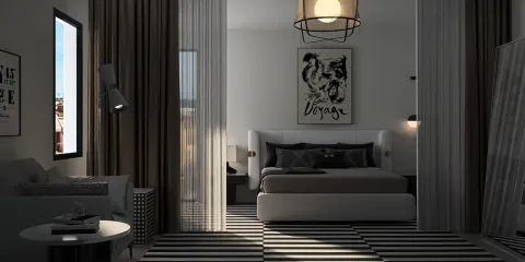 Modern bedroom interior featuring a sleek bed design with curtains and contrasting striped flooring, showcasing Homestyler's real-time 3D rendering for an immersive design preview.