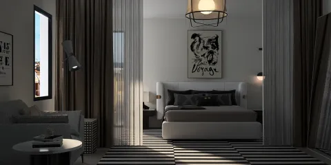 modern bedroom design showcasing a cozy atmosphere with elegant decor and contrasting colors, highlighting the use of Homestyler's real-time 3D rendering functionality.