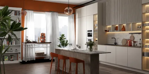 modern kitchen featuring an open layout with a marble island and sleek cabinetry in a contemporary style, showcasing interior decor design using Homestyler's AR virtual furniture placement functionality.