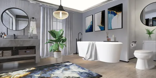 Neutral royal blue and gold bathroom 